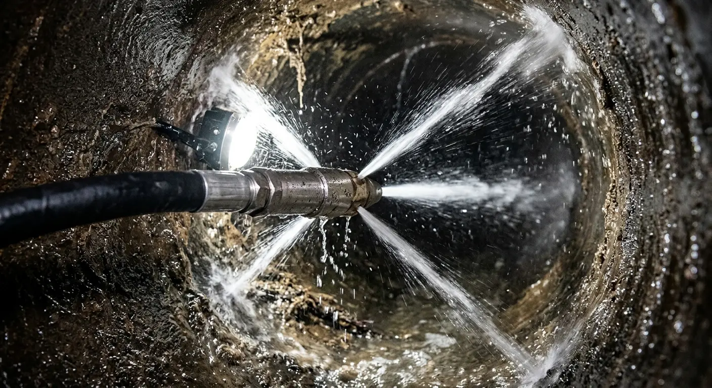 High-pressure hydro jetting nozzle cleaning sewer pipe for Emergency Drain Service in Lower Southampton
