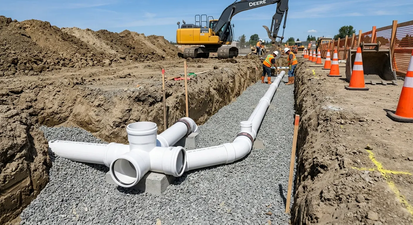 New PVC sewer pipe installation in open trench for Sewer Backup in Lower Southampton