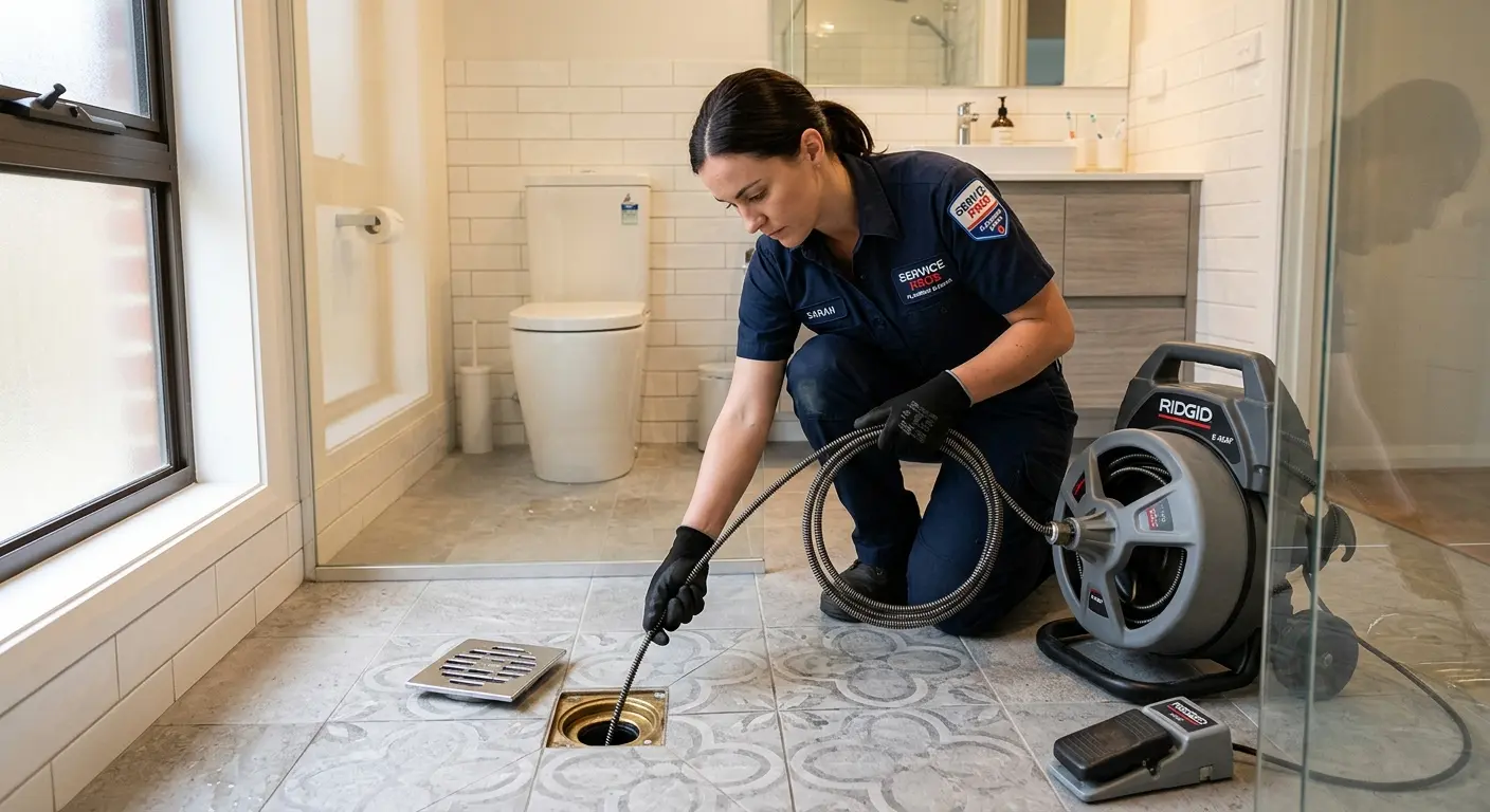 Technician clearing a bathroom floor drain for Clogged Drain Repair in Lower Southampton